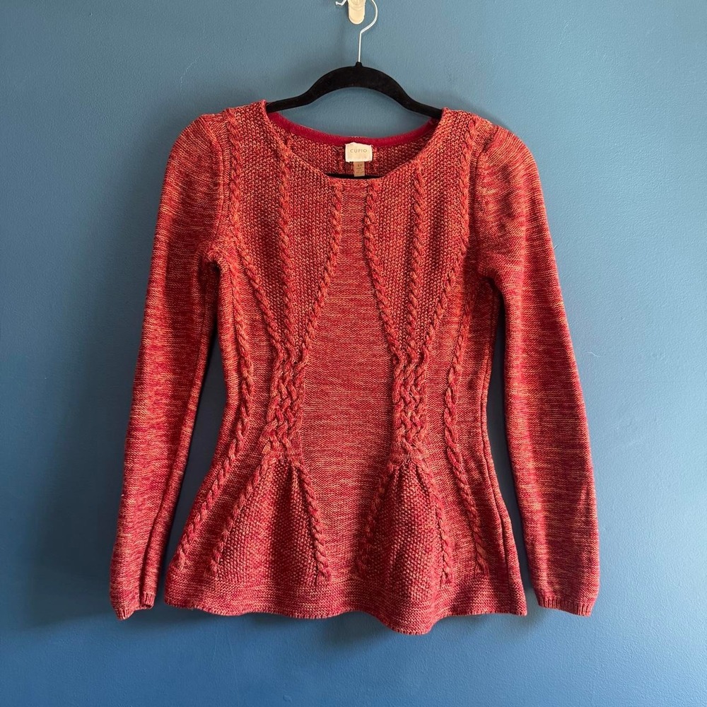 Cupio Red Peplum Sweater Women's Size Small Cable Knit Braided Preppy Winter